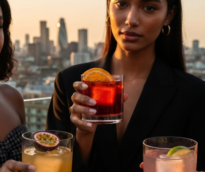 A group of three friends enjoying cocktails on their home terrace at sunset with a view of London.