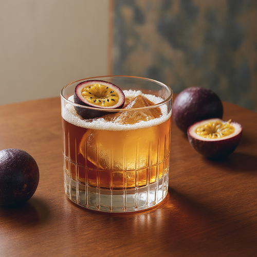 Glass of amber-colored cocktail with ice and passion fruit garnish on a wooden surface.